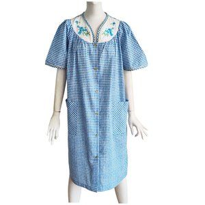 Vtg Cottagecore Floral Embroidery Granny Gingham Check Housecoat House Dress M